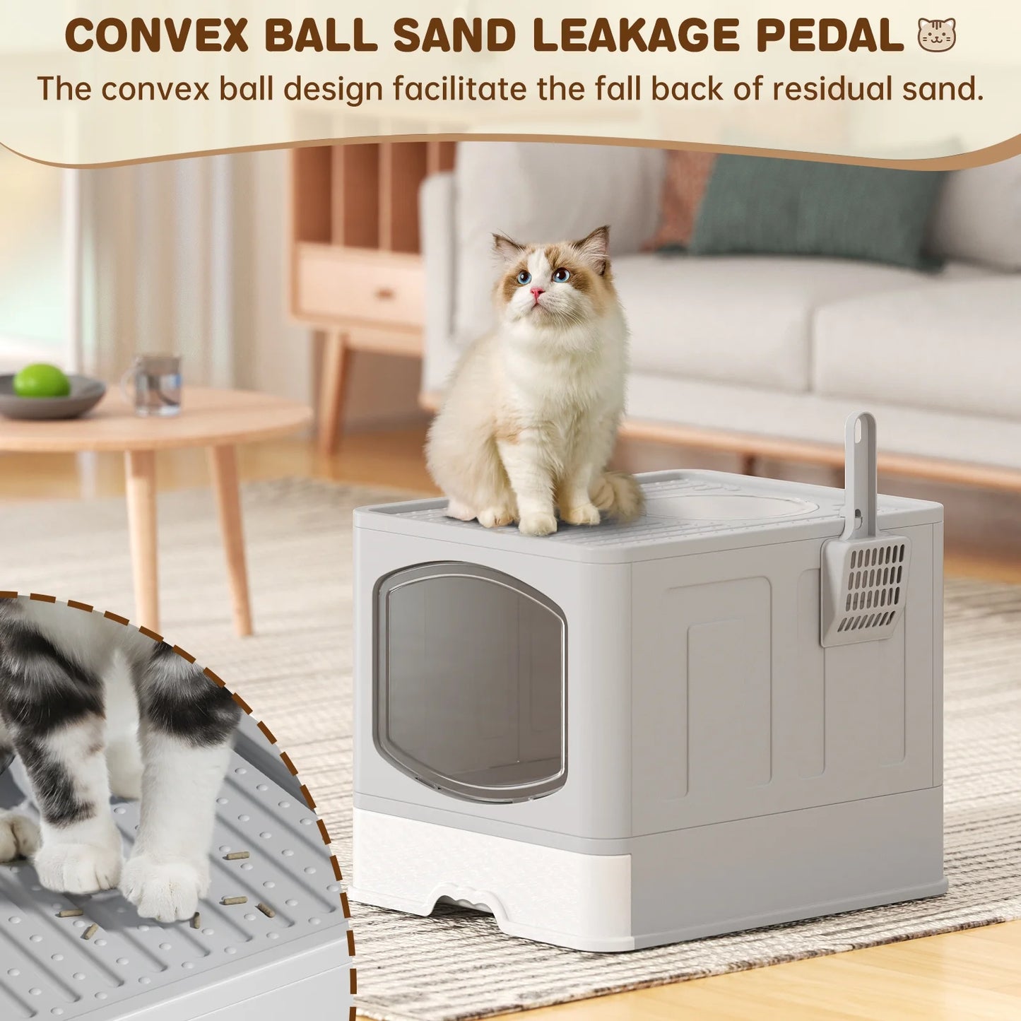 Large Foldable Cat Litter Box with Scoop, Front Entry Top Exit Cat Litter Pan with Lid, Enclosed Anti-Splashing Kitty Litter Box, Drawer Type Cat Litter Easy Cleaning and Scoop, Gray