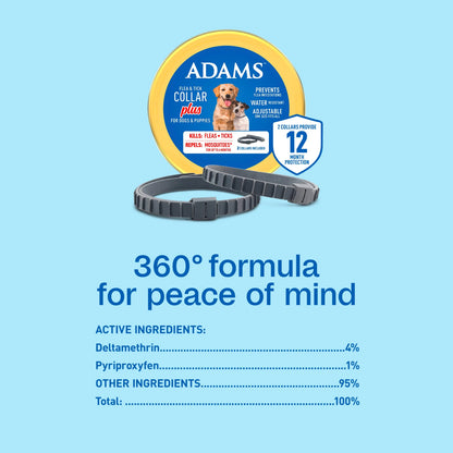 Flea & Tick Collar for Dogs & Puppies, 2 Pack, 12 Month Protection, Adjustable One Size, Kills Fleas, Ticks & Repels Mosquitoes, excluding California