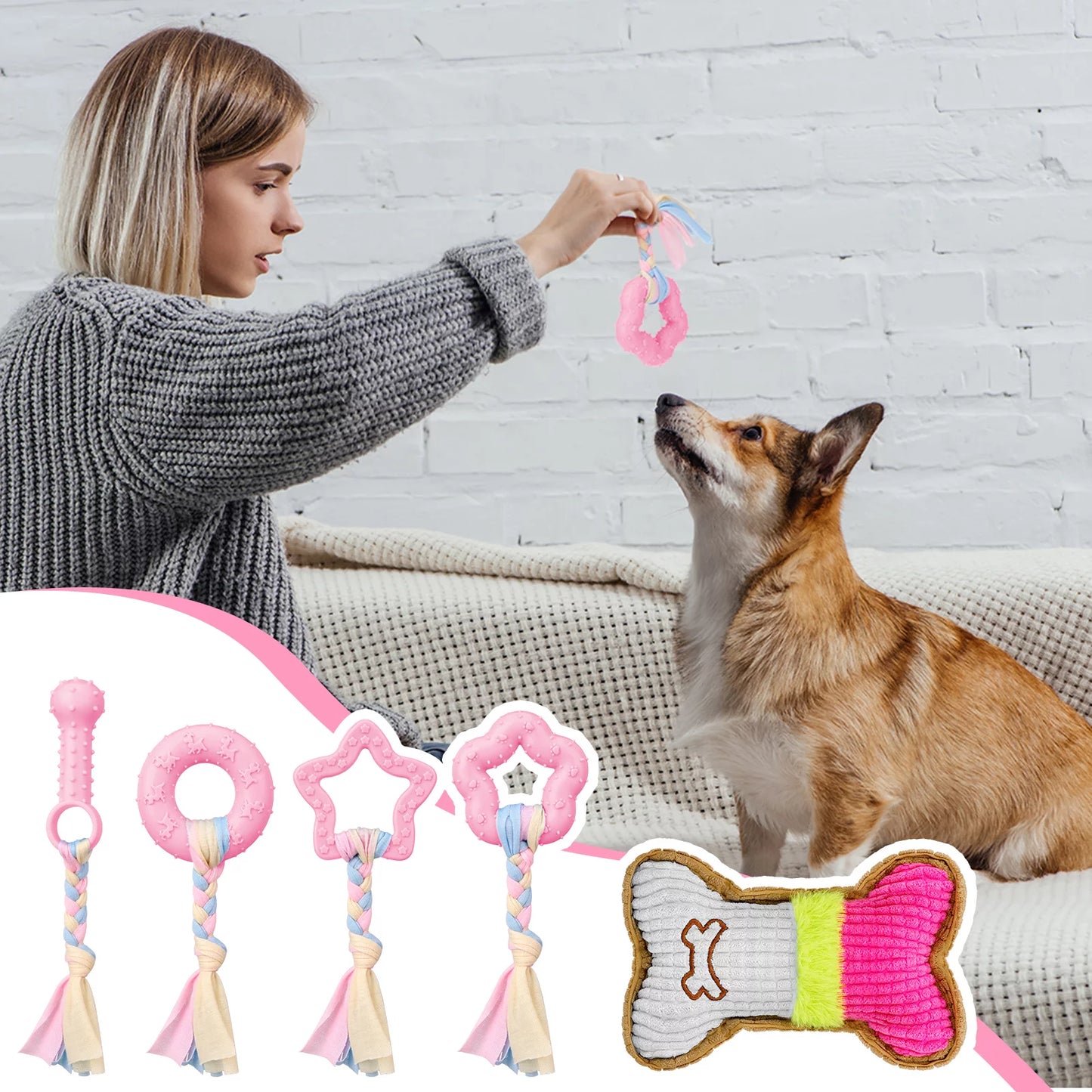 5 Pack Puppy Chew Toys for Teething Small Dogs, Pink Rubber Puppy Teething Toys Plush Squeaky Dog Toys for Cleaning Teeth Interactive Pet Doggy Bone Toys