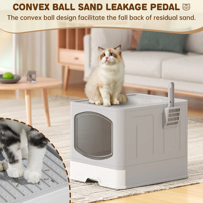 Large Foldable Cat Litter Box with Scoop, Front Entry Top Exit Cat Litter Pan with Lid, Enclosed Anti-Splashing Kitty Litter Box, Drawer Type Cat Litter Easy Cleaning and Scoop, Gray
