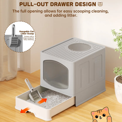 Large Foldable Cat Litter Box with Scoop, Front Entry Top Exit Cat Litter Pan with Lid, Enclosed Anti-Splashing Kitty Litter Box, Drawer Type Cat Litter Easy Cleaning and Scoop, Gray