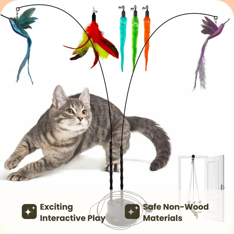 2 Wands with Base & 6 Feather Interactive Cat Toy Set
